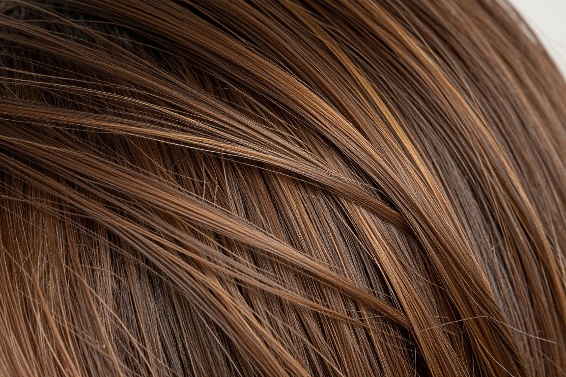 Close-up showing fine babylights creating natural dimension in brown hair