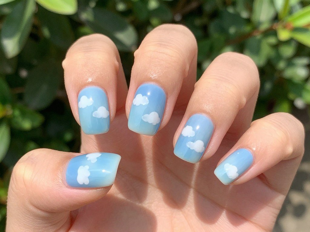 Cloud nine sky June nails with blue base and white clouds