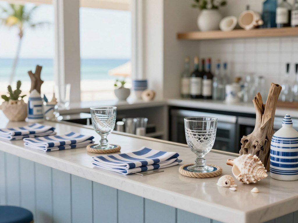 Coastal bar with nautical accessories and beach decor for built-in bar ideas
