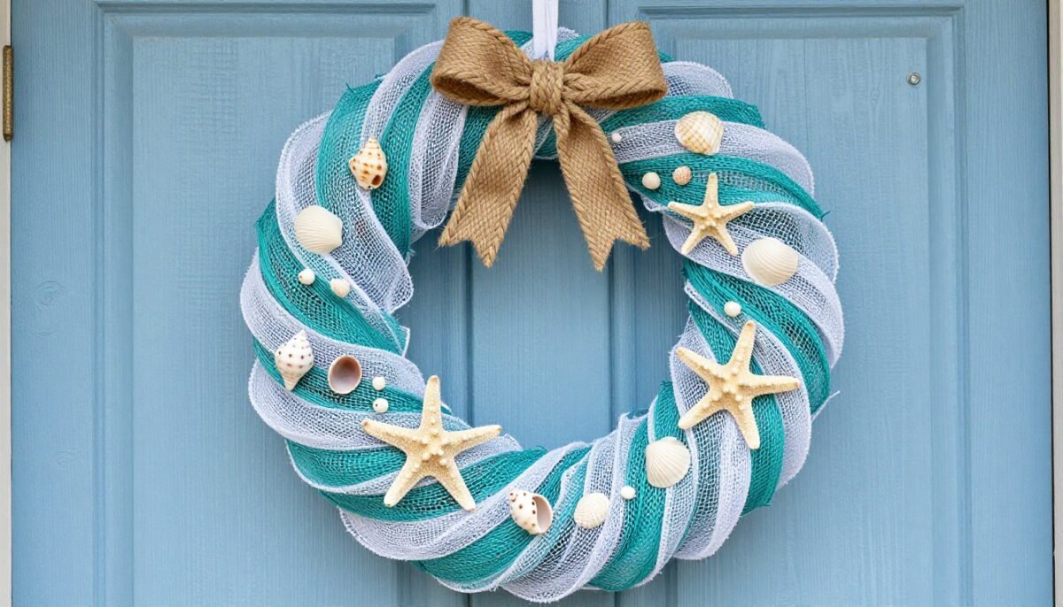 Coastal beach wreath with turquoise mesh and seashells