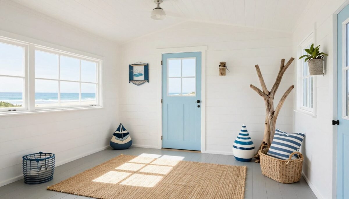 Coastal cottage interior design in 16x40 shed house