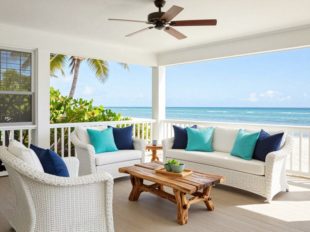 Coastal lanai with white wicker furniture and blue throw pillows