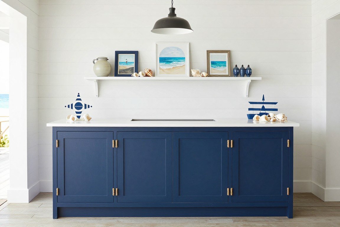 Coastal themed white and blue bar with nautical rope details for built-in bar ideas