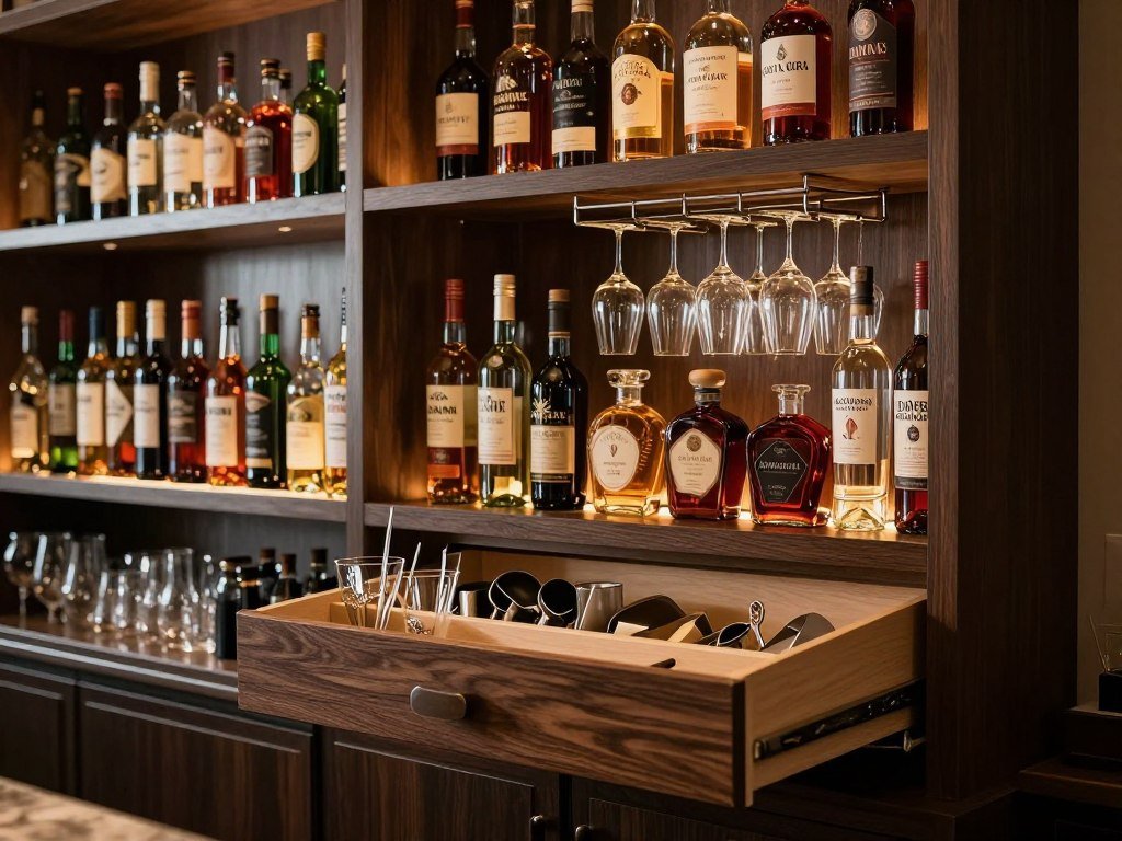 Cocktail section with bottles and bar tools
