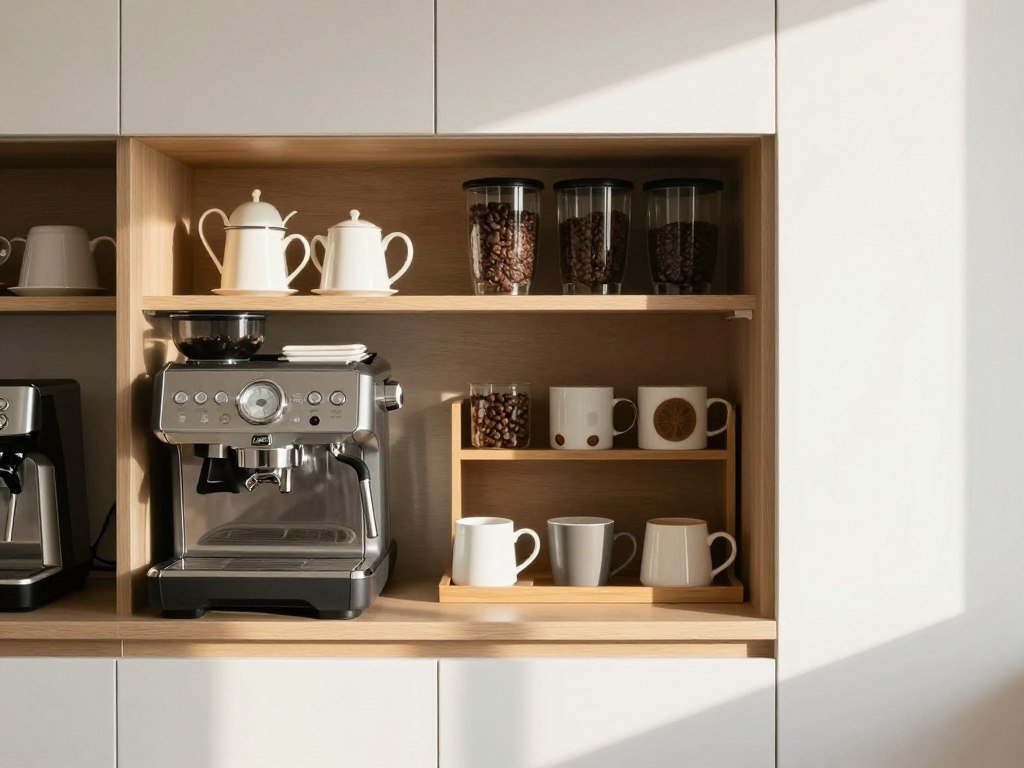 Coffee station section with espresso machine and supplies