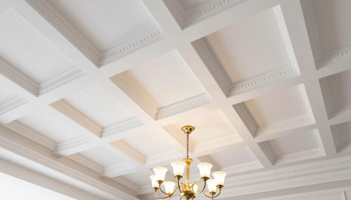 Coffered ceiling with recessed panels and decorative molding