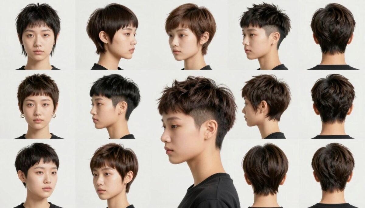 Collage showing different pixie haircut variations and angles
