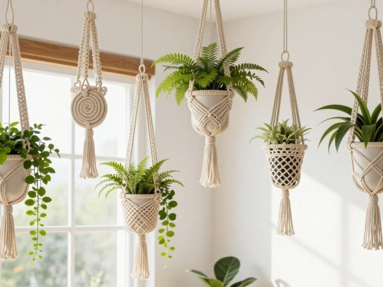 Collection of DIY Macrame Plant Hanger Patterns displayed with various indoor plants