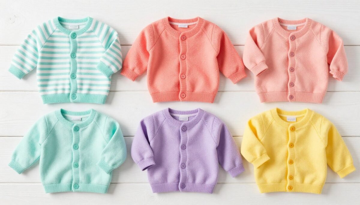 Collection of baby cardigan variations in different colors and styles