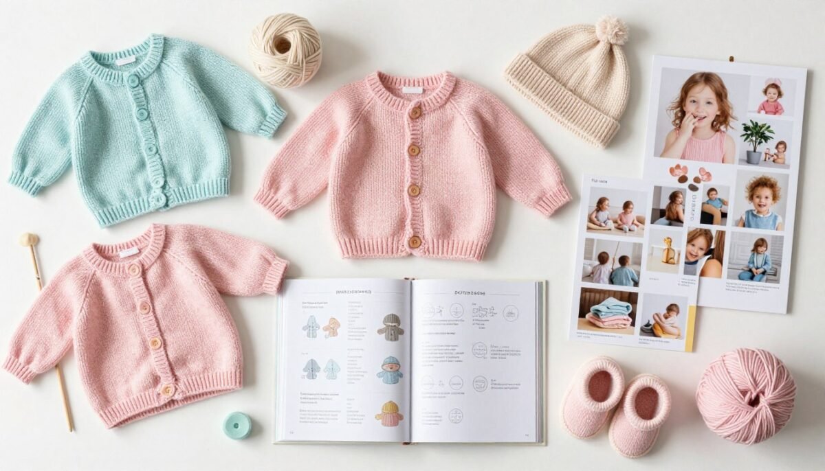 Collection of baby knitting pattern books and projects