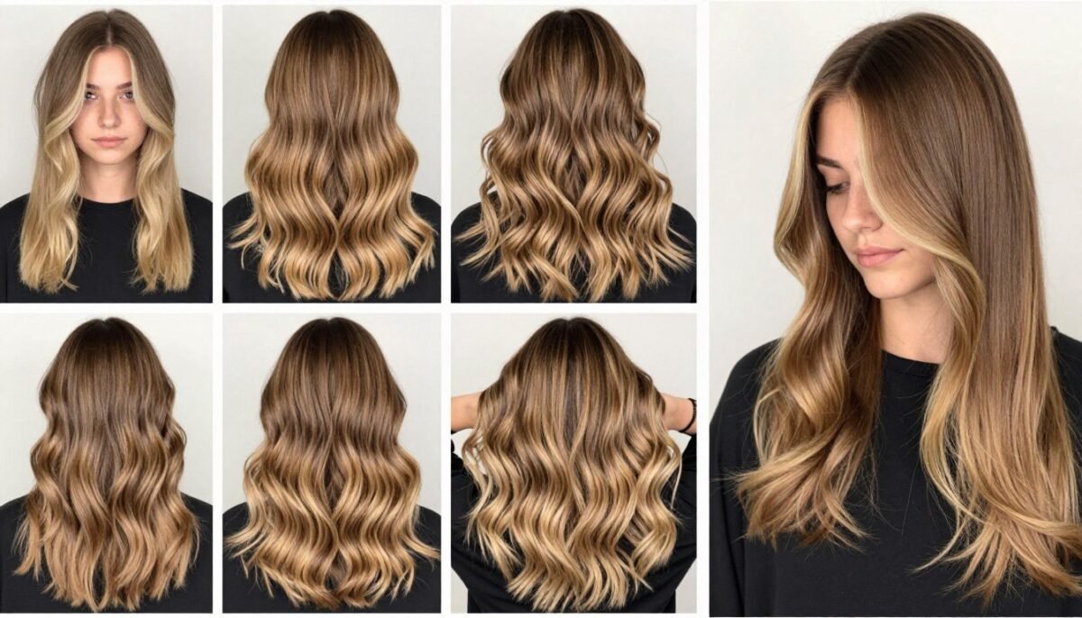 Collection of beautiful blonde balayage transformations on brown hair