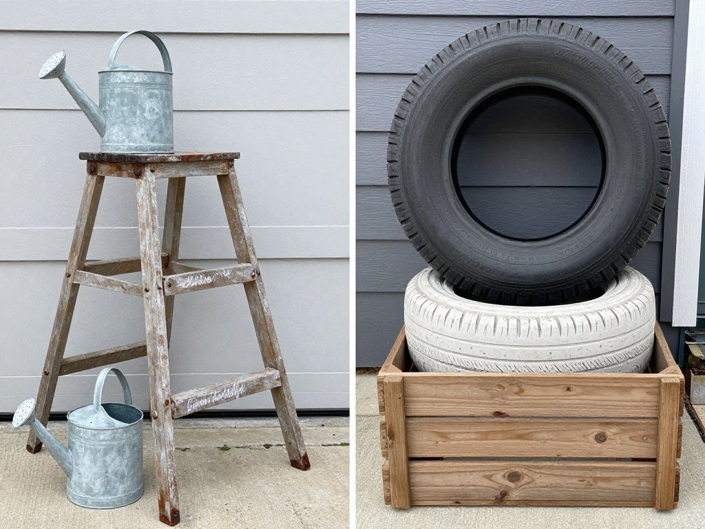 Collection of budget-friendly repurposed items transformed into beautiful garden decor