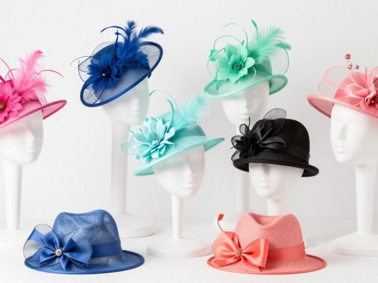 Collection of colorful DIY derby hat ideas displayed on hat stands