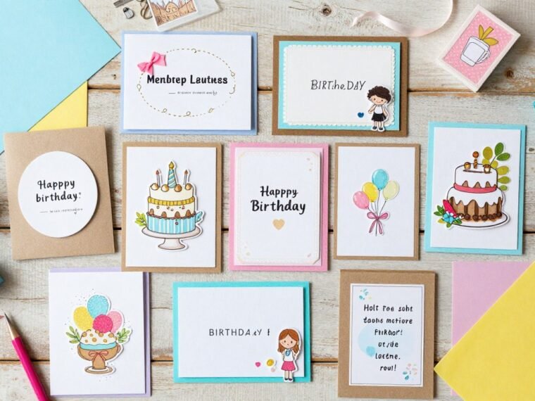 Collection of colorful handmade birthday cards displayed on wooden table with craft supplies