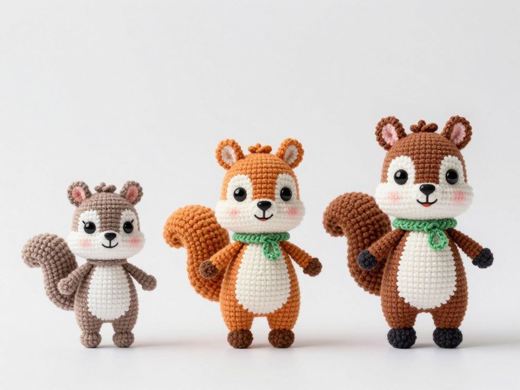 Collection of crochet squirrel patterns showing beginner to advanced skill levels