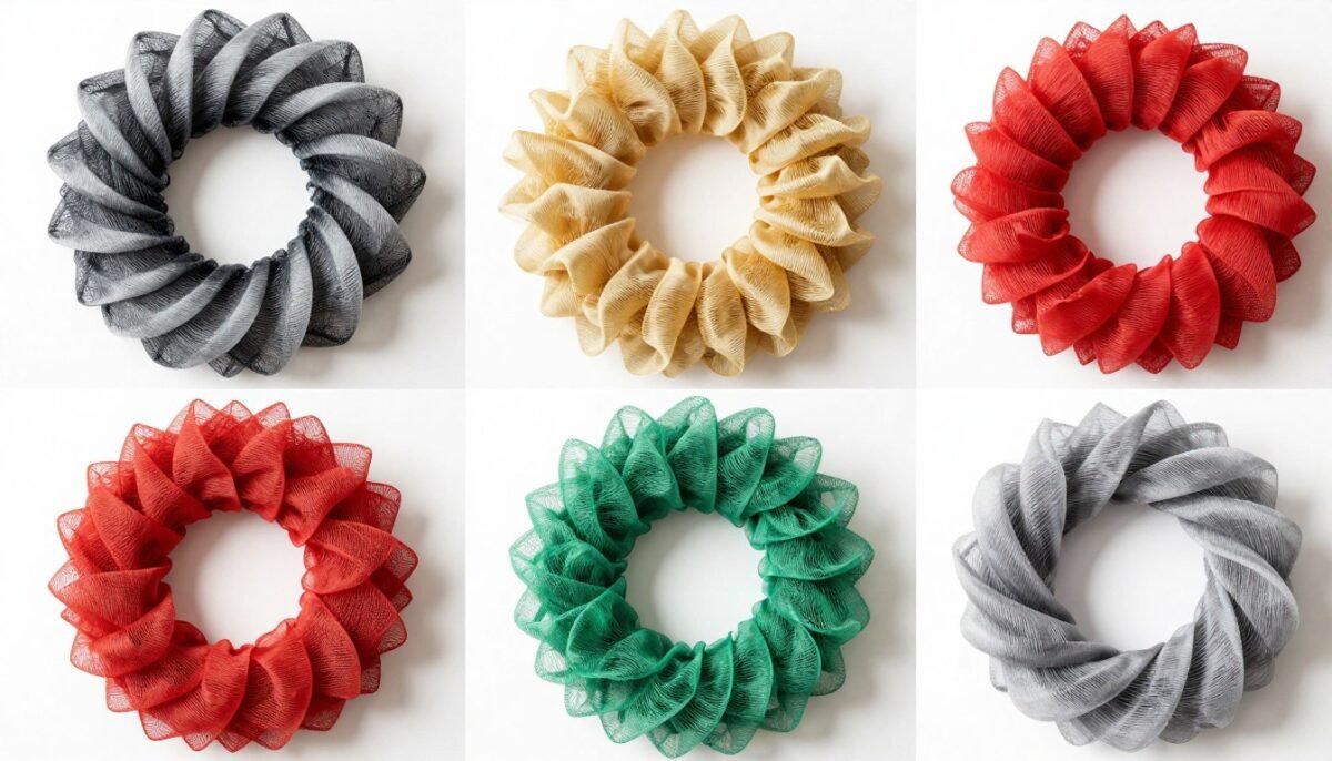 Collection of different style deco mesh wreaths displayed together