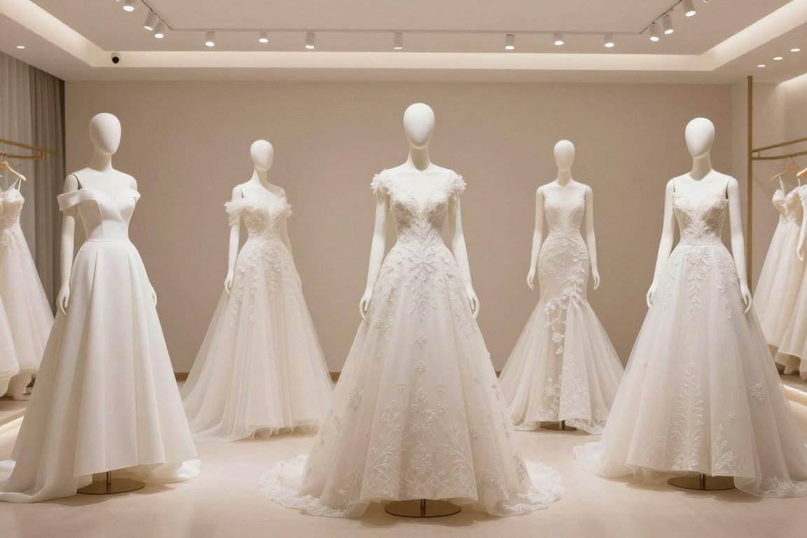 Collection of different wedding dress styles displayed on mannequins