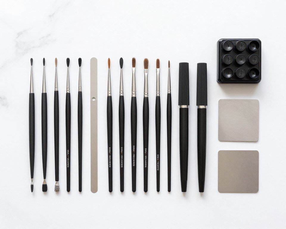 Collection of essential nail art tools including dotting tools, striping brushes, and detail brushes for October nails