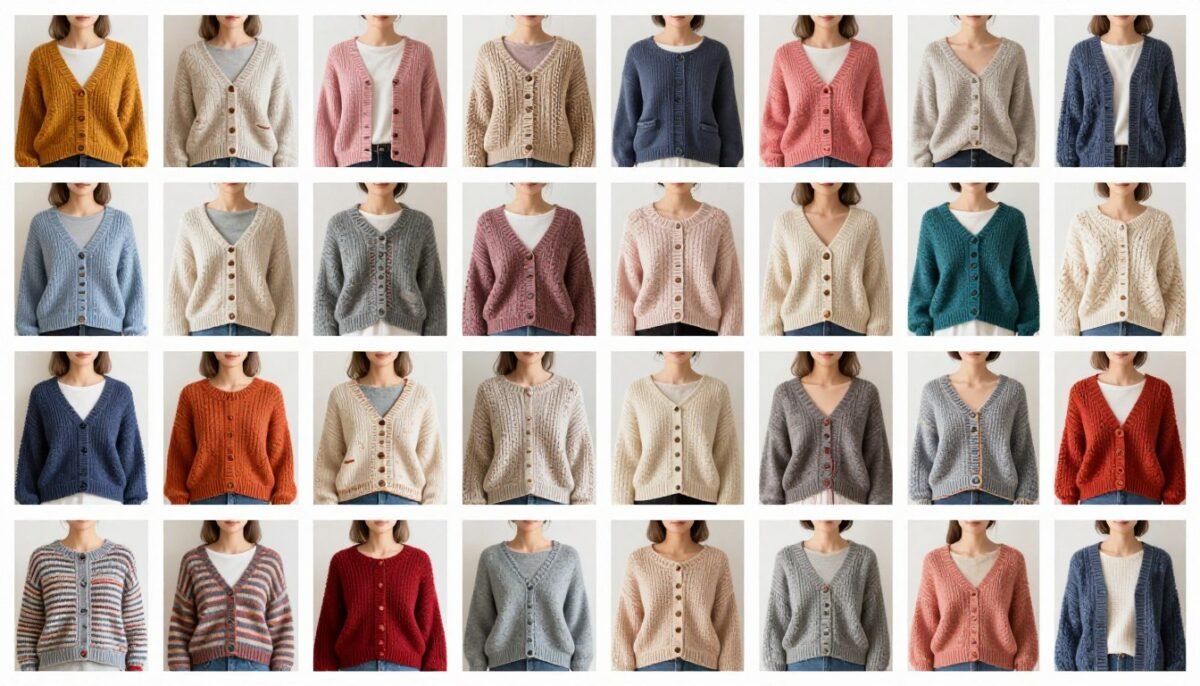 Collection of finished Yngrid Cardigans in various colors and styles