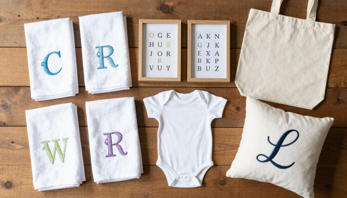 Collection of finished hand embroidery letter projects including monogrammed towels, personalized tote bags, and embroidered wall art