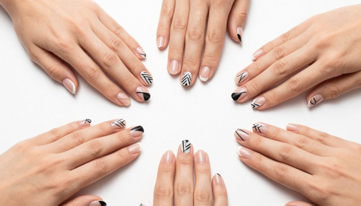 Collection of geometric French tip nail designs Collection of geometric French tip nail designs