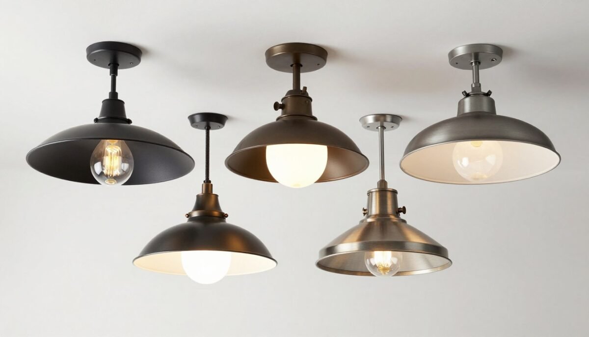 Collection of industrial style ceiling lights with metal finishes