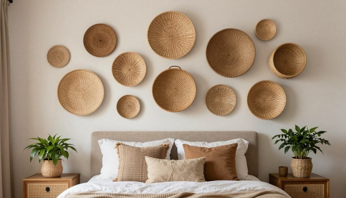 Collection of natural woven baskets in various sizes arranged as bohemian DIY headboard display