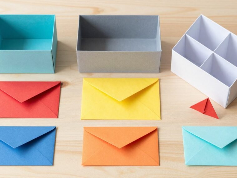 Collection of practical origami projects including boxes, organizers, and desk accessories arranged on a wooden table