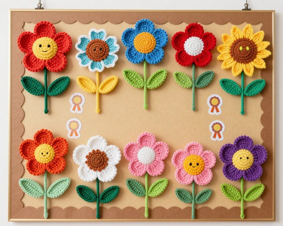 Collection of simple crochet flowers made by children showing achievement