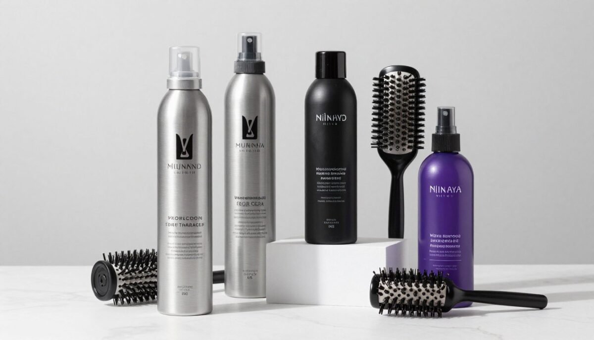 Collection of styling products for gray hair care