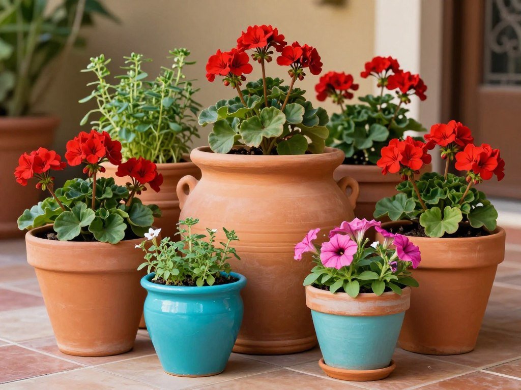 Collection of terracotta pots with vibrant flowering plants