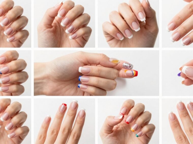 Collection of trendy French tip nail designs on short nails showing various modern styles