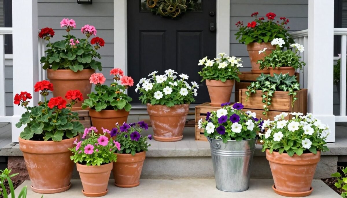 Collection of varied containers filled with colorful flowers