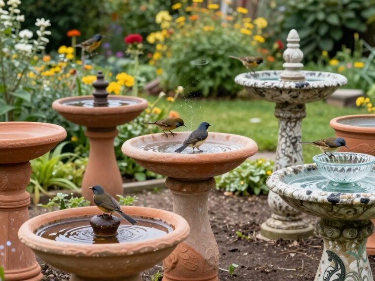 Collection of various DIY bird bath designs in a garden setting