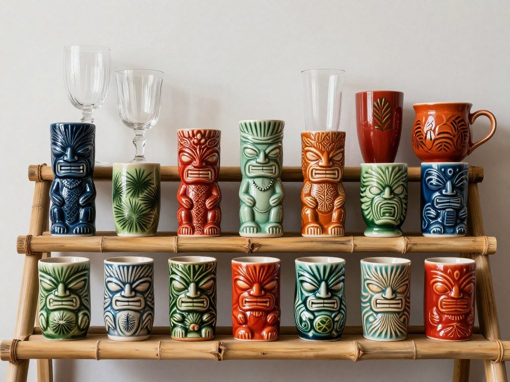 Collection of vintage tiki mugs on bamboo shelf