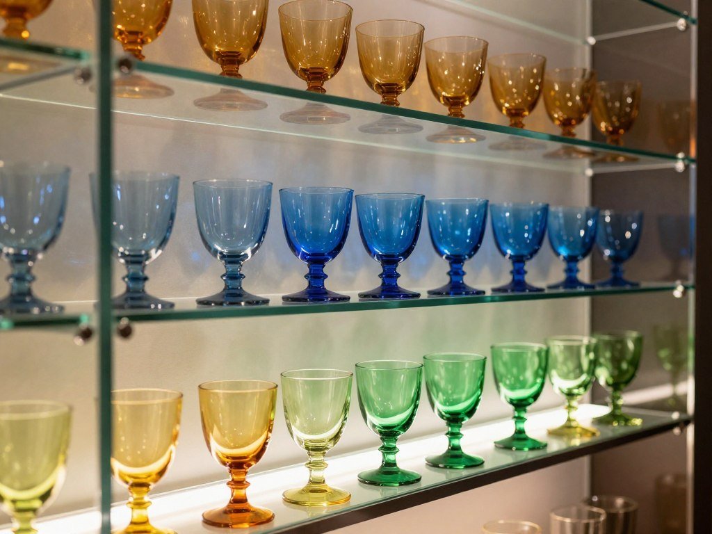 Colored glassware arranged in gradient display