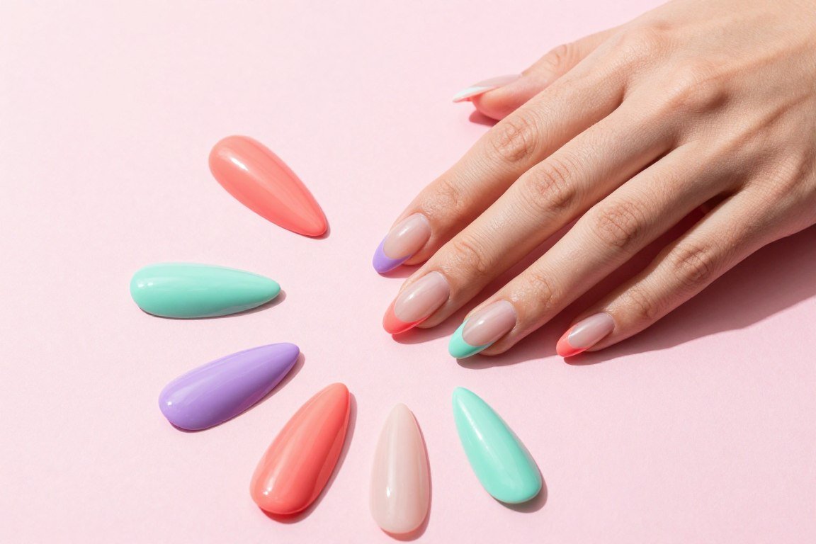 Colorful French tips on almond-shaped nails