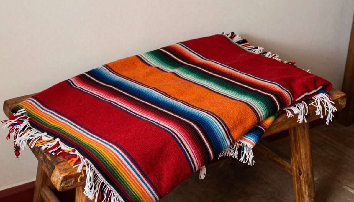Colorful Mexican woven textiles and blankets layered on furniture