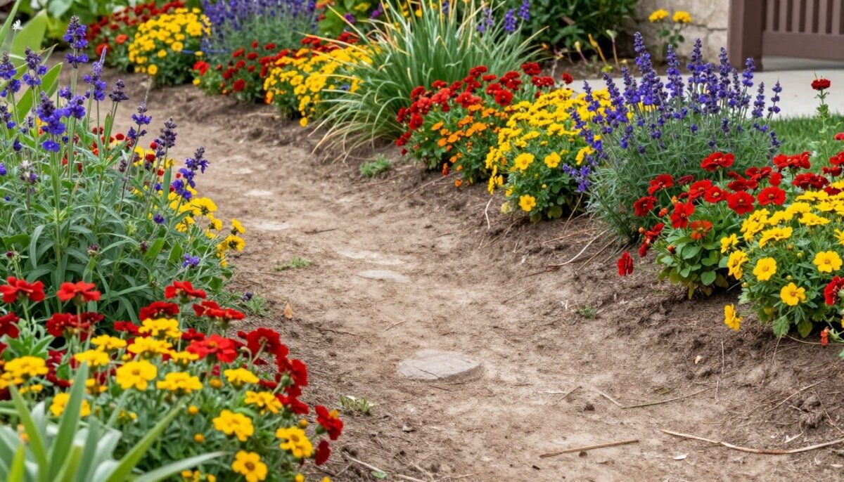 Colorful annual flowers planted along dry creek bed edges