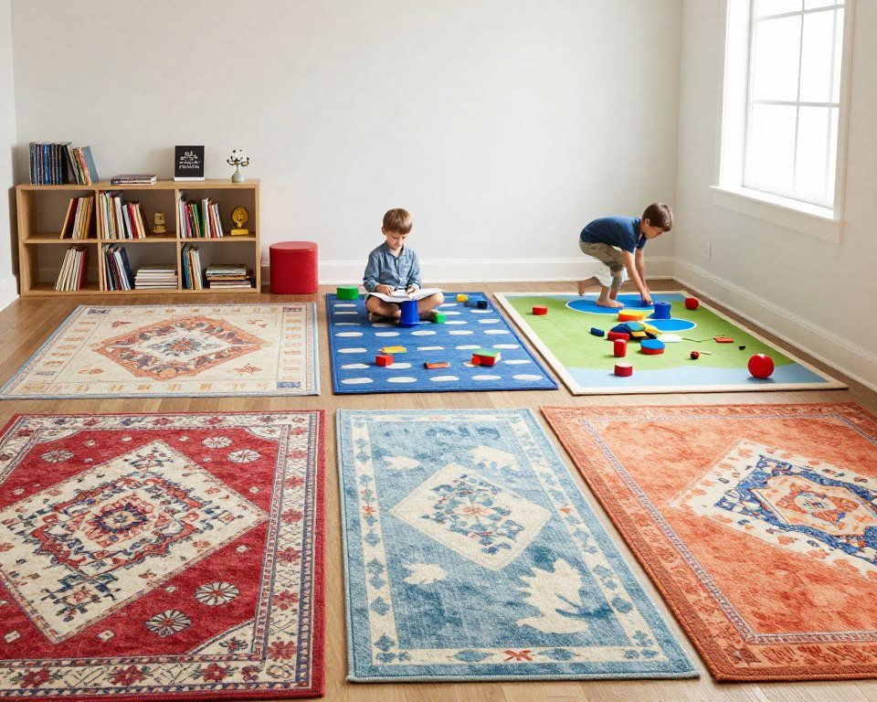Colorful area rugs defining playroom zones