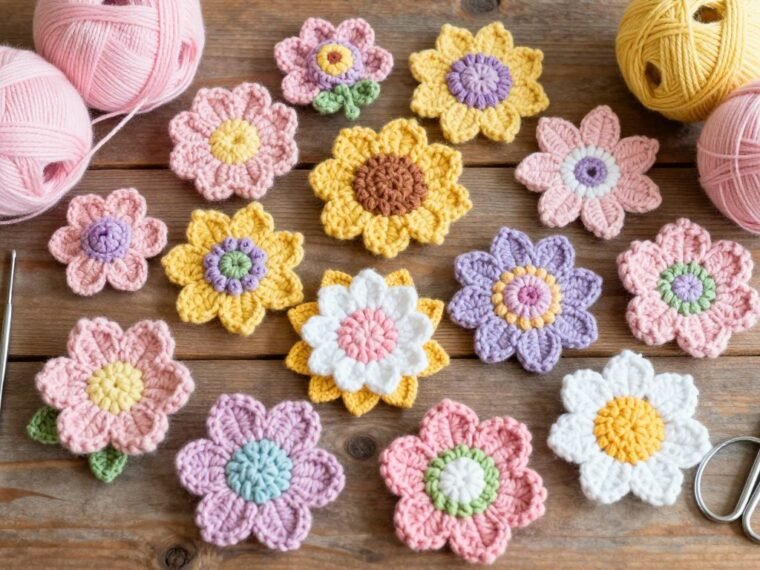 Colorful assortment of simple crochet flowers on wooden table with yarn and hook
