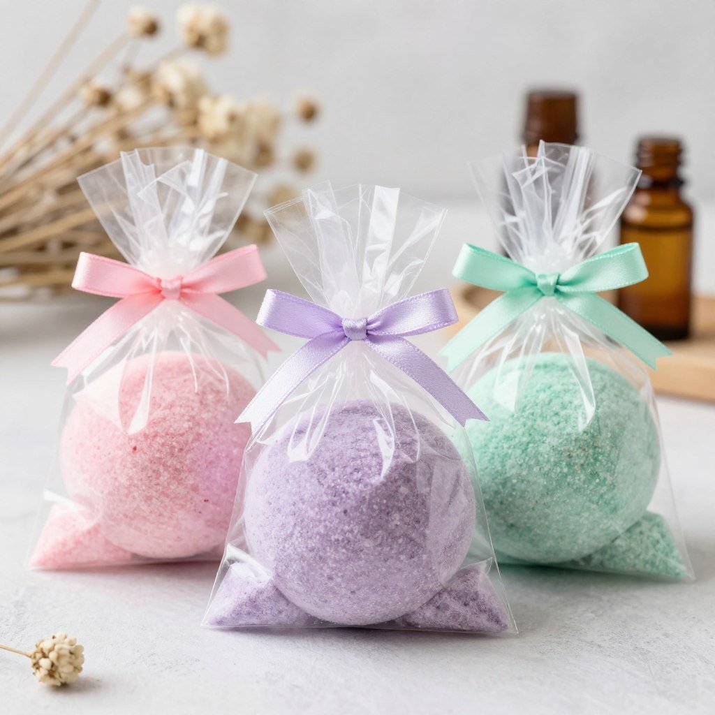Colorful bath bombs in decorative packaging for baby shower prizes