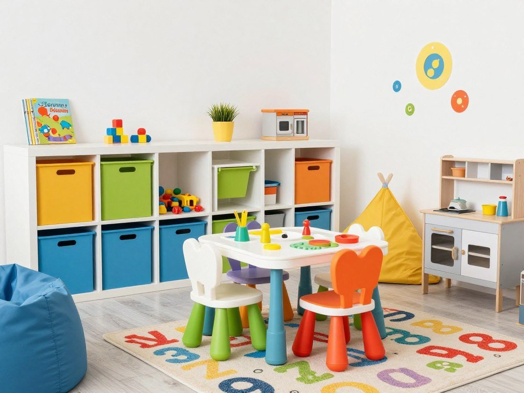 Colorful children's playroom with organized toy storage and activity zones