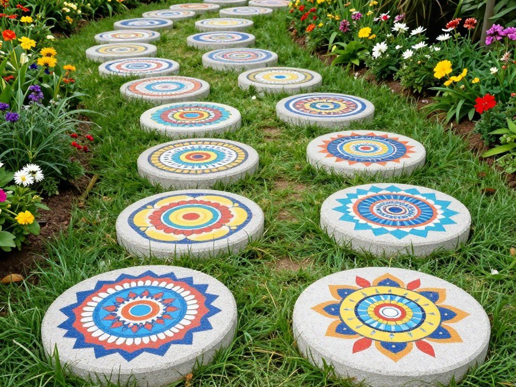 Colorful hand-painted decorative stepping stones arranged in garden path