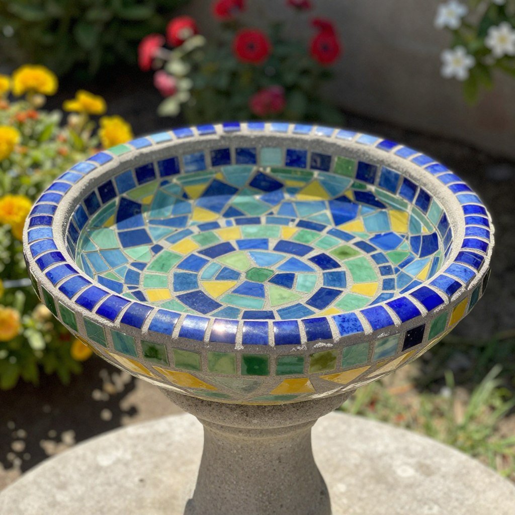 Colorful mosaic tile bird bath