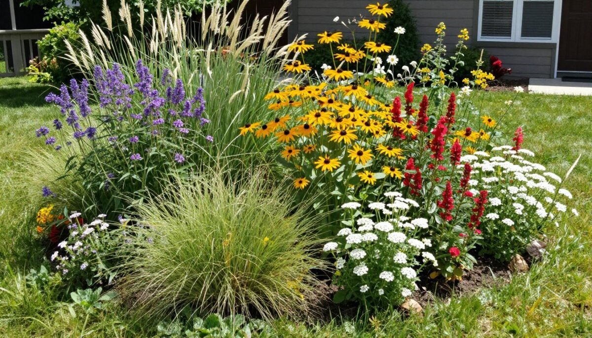 Colorful native wildflower meadow in front yard
