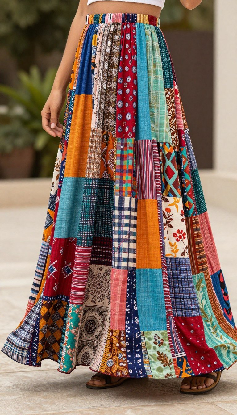 Colorful patchwork maxi skirt made from various fabrics