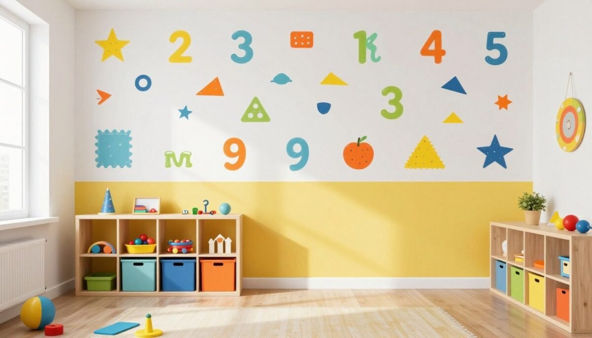 Colorful playroom with educational wallpaper and washable paint