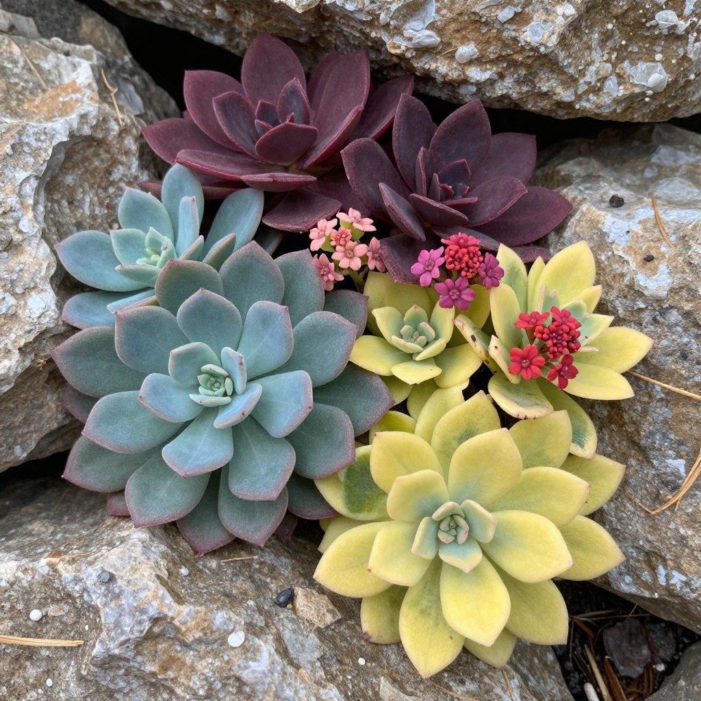 Colorful sedum growing in rock garden