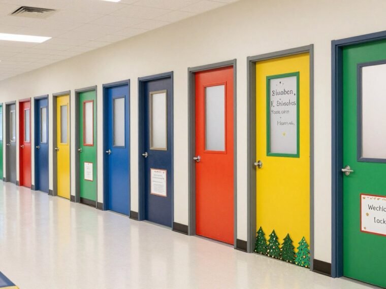 Colorful teacher door decorating ideas showcasing various classroom entrance designs